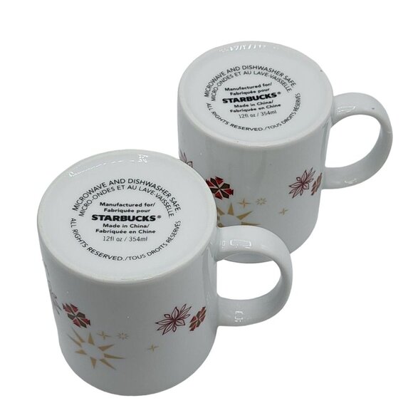Starbucks Vintage Poinsettia Ceramic Coffee Mug Set Of 2pc 12oz Gold Red White - Picture 2 of 14